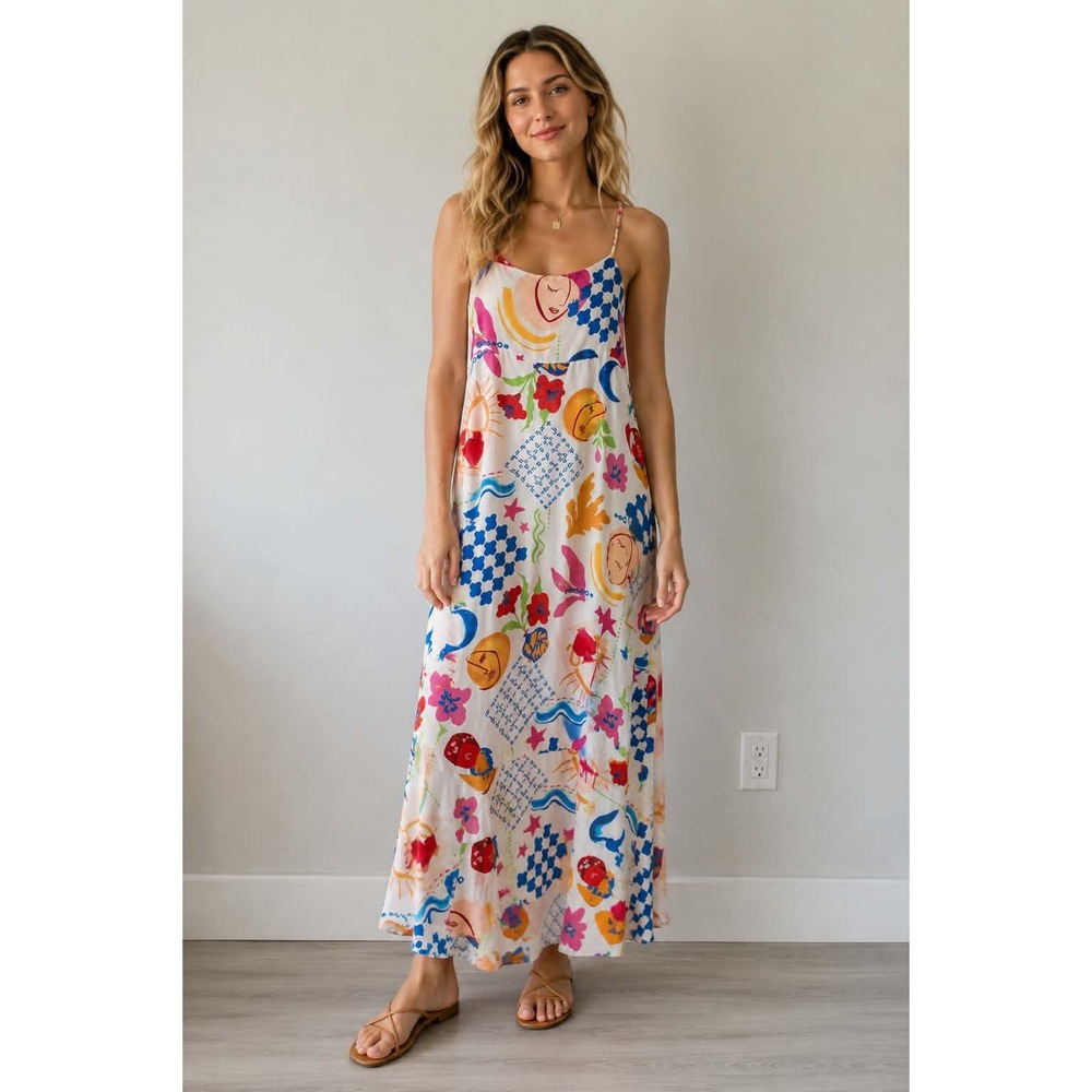 Artistic Graphic Print Open Back Maxi Dress Tie Back Ruffle Hem Summer Festival